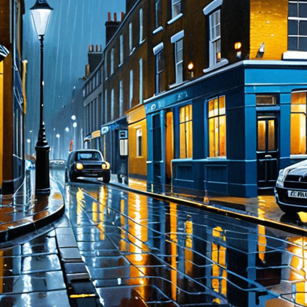 **

A hyperrealistic oil painting of a rainy London street at night. The painting should capture the reflections of the streetlights on the wet pavement and the atmosphere of a drizzly evening. Focus on the textures of the brick buildings and the subtle details of the passing cars. Use a color palette of cool blues, grays, and yellows to emphasize the mood.

**