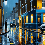 **

A hyperrealistic oil painting of a rainy London street at night. The painting should capture the reflections of the streetlights on the wet pavement and the atmosphere of a drizzly evening. Focus on the textures of the brick buildings and the subtle details of the passing cars. Use a color palette of cool blues, grays, and yellows to emphasize the mood.

**