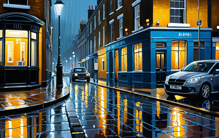 **
A hyperrealistic oil painting of a rainy London street at night. The painting should capture the reflections of the streetlights on the wet pavement and the atmosphere of a drizzly evening. Focus on the textures of the brick buildings and the subtle details of the passing cars. Use a color palette of cool blues, grays, and yellows to emphasize the mood.
**