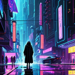 **Prompt:** A vibrant, highly detailed digital painting of a futuristic cyberpunk cityscape at night. Neon lights reflect on rain-slicked streets. A mysterious, hooded figure with glowing cybernetic enhancements stands in the foreground. The style should be reminiscent of Syd Mead, with a focus on intricate architectural details and a sense of scale. Rarity: Ultra Rare.