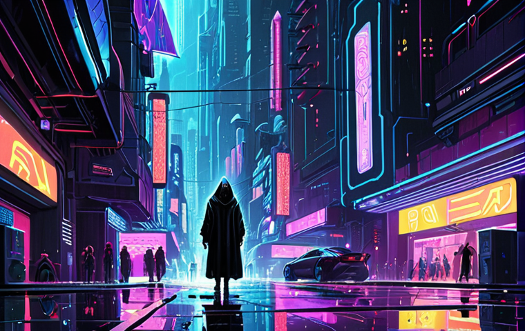 **Prompt:** A vibrant, highly detailed digital painting of a futuristic cyberpunk cityscape at night. Neon lights reflect on rain-slicked streets. A mysterious, hooded figure with glowing cybernetic enhancements stands in the foreground. The style should be reminiscent of Syd Mead, with a focus on intricate architectural details and a sense of scale. Rarity: Ultra Rare.