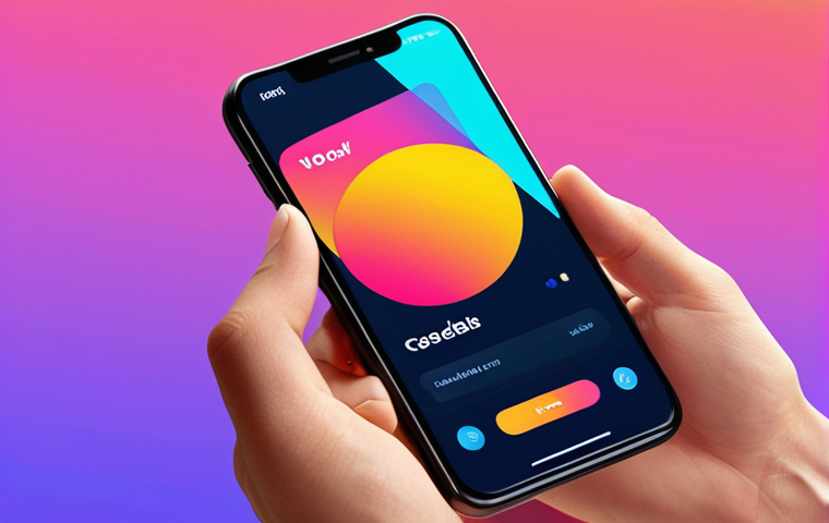 A vibrant Dribbble shot showcasing a sleek mobile UI design. The image features a subtle micro-interaction or scroll animation on the screen, with popping colors against a dynamic gradient background. A hand is gently holding the device. The composition is clean, modern, and instantly attention-grabbing, emphasizing visual "wow" factor and a tantalizing glimpse of a larger design.