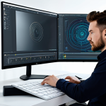 A professional digital artist, appearing to be in their late 20s to early 30s, working intently on a large, high-resolution monitor with a graphic tablet in a modern, clean digital art studio. The screen displays complex digital artwork with subtle AI-driven interface elements. The artist is wearing a comfortable yet professional long-sleeved shirt and tailored dark trousers, fully clothed, modest clothing, appropriate attire. The background features ambient, soft lighting and minimalist furniture, emphasizing focus on creativity and technology. professional photography, high quality, perfect anatomy, correct proportions, natural pose, well-formed hands, proper finger count, natural body proportions, safe for work, appropriate content, fully clothed, professional, family-friendly.