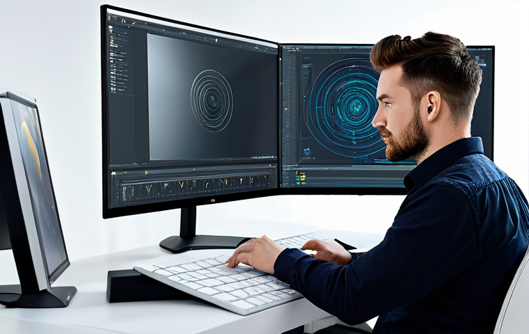 A professional digital artist, appearing to be in their late 20s to early 30s, working intently on a large, high-resolution monitor with a graphic tablet in a modern, clean digital art studio. The screen displays complex digital artwork with subtle AI-driven interface elements. The artist is wearing a comfortable yet professional long-sleeved shirt and tailored dark trousers, fully clothed, modest clothing, appropriate attire. The background features ambient, soft lighting and minimalist furniture, emphasizing focus on creativity and technology. professional photography, high quality, perfect anatomy, correct proportions, natural pose, well-formed hands, proper finger count, natural body proportions, safe for work, appropriate content, fully clothed, professional, family-friendly.