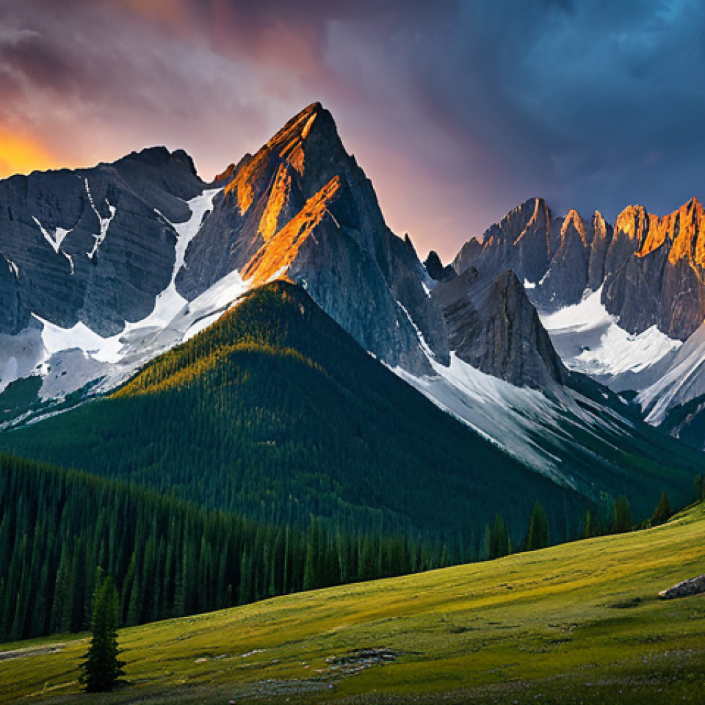 Mountain Landscape with Dynamic Lighting**

"A breathtaking vista of the Rocky Mountains at sunset, capturing the rugged textures of the rock formations, dramatic lighting effects highlighting the peaks, and subtle atmospheric haze adding depth to the scene. Use a palette of warm and cool colors to evoke a sense of drama and awe. Fully clothed, appropriate content, safe for work, perfect anatomy, natural proportions, professional landscape photography, high quality, realistic textures, dynamic lighting, family-friendly."

**