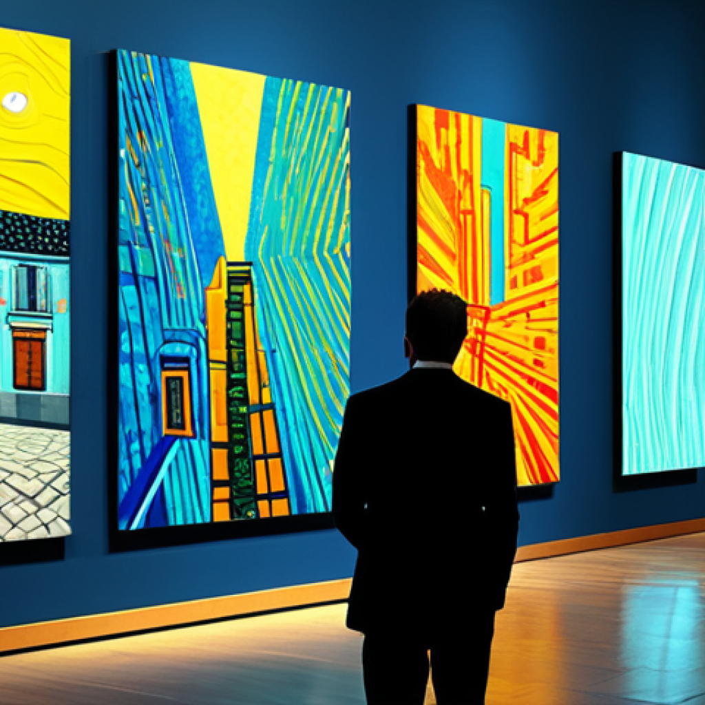 **
"A vibrant, abstract digital painting created using AI photomatics, resembling a modern art museum piece. The image depicts a stylized cityscape with bold colors and textures, inspired by Van Gogh. Fully clothed figures are visible in the foreground, appreciating the artwork in a modern gallery setting. Safe for work, appropriate content, professional digital art, perfect anatomy, correct proportions, natural pose, well-formed hands, proper finger count, family-friendly."
**