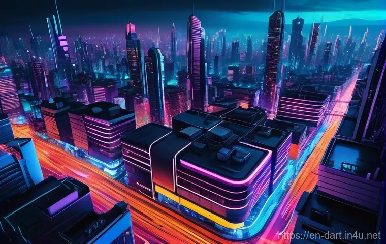 디지털아트 네온 조명 효과 적용법 - **Prompt:** A sprawling cyberpunk cityscape at night, viewed from a high vantage point, with countle...