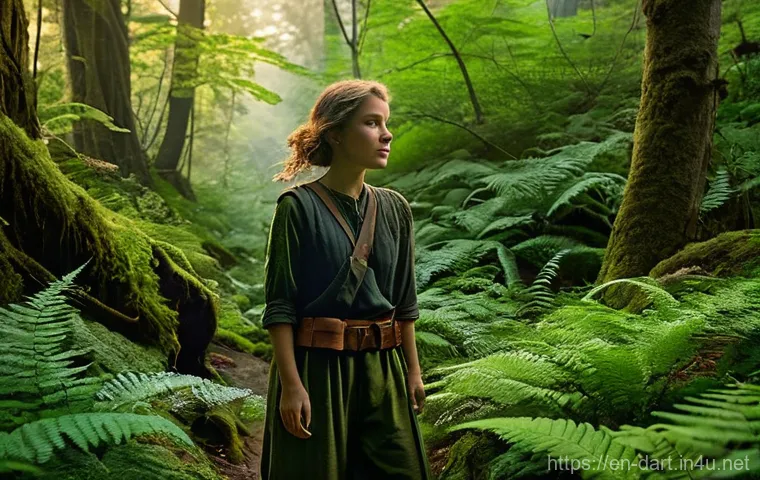 디지털아트 배경과 캐릭터 조화 - Prompt 1: "The Whispers of the Ancient Forest"** 디지털아트 배경과 캐릭터 조화 - Prompt 1: "The Whispers of the Ancient Forest"**