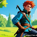 셀 셰이딩과 핸드페인팅 비교 - A vibrant, cel-shaded image of a young male adventurer, approximately 18-20 years old, with dynamic ...