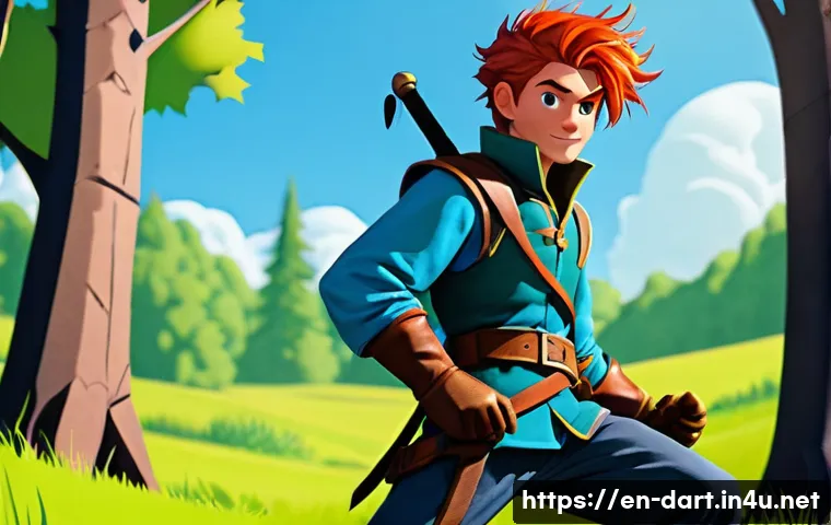 셀 셰이딩과 핸드페인팅 비교 - A vibrant, cel-shaded image of a young male adventurer, approximately 18-20 years old, with dynamic ...