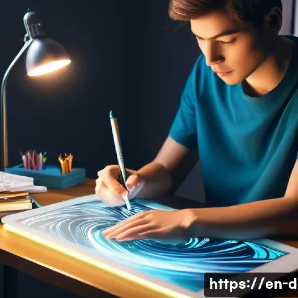 디지털아트 소셜미디어 챌린지 참여법 - **Prompt:** A young adult digital artist, wearing a comfortable t-shirt and jeans, is intensely focu...