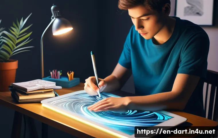 디지털아트 소셜미디어 챌린지 참여법 - **Prompt:** A young adult digital artist, wearing a comfortable t-shirt and jeans, is intensely focu...