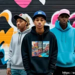 Home 21 디지털아트 머천다이징 상품 제작 - A trendy urban streetwear scene featuring a diverse group of young adults wearing stylish hoodies an...