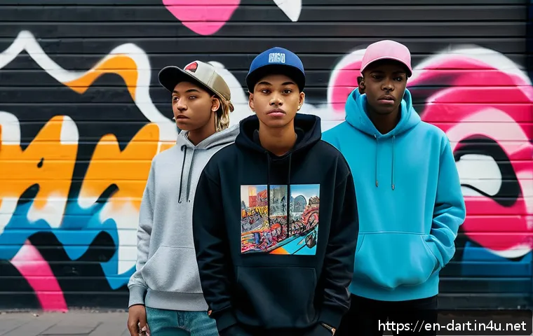 디지털아트 머천다이징 상품 제작 - A trendy urban streetwear scene featuring a diverse group of young adults wearing stylish hoodies an...