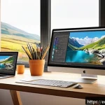 Home 20 디지털아트 오픈소스 프로그램 추천 - A cozy digital artist’s workspace featuring a large monitor displaying a vibrant open source digital...