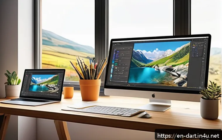 디지털아트 오픈소스 프로그램 추천 - A cozy digital artist&rsquo;s workspace featuring a large monitor displaying a vibrant open source digital...