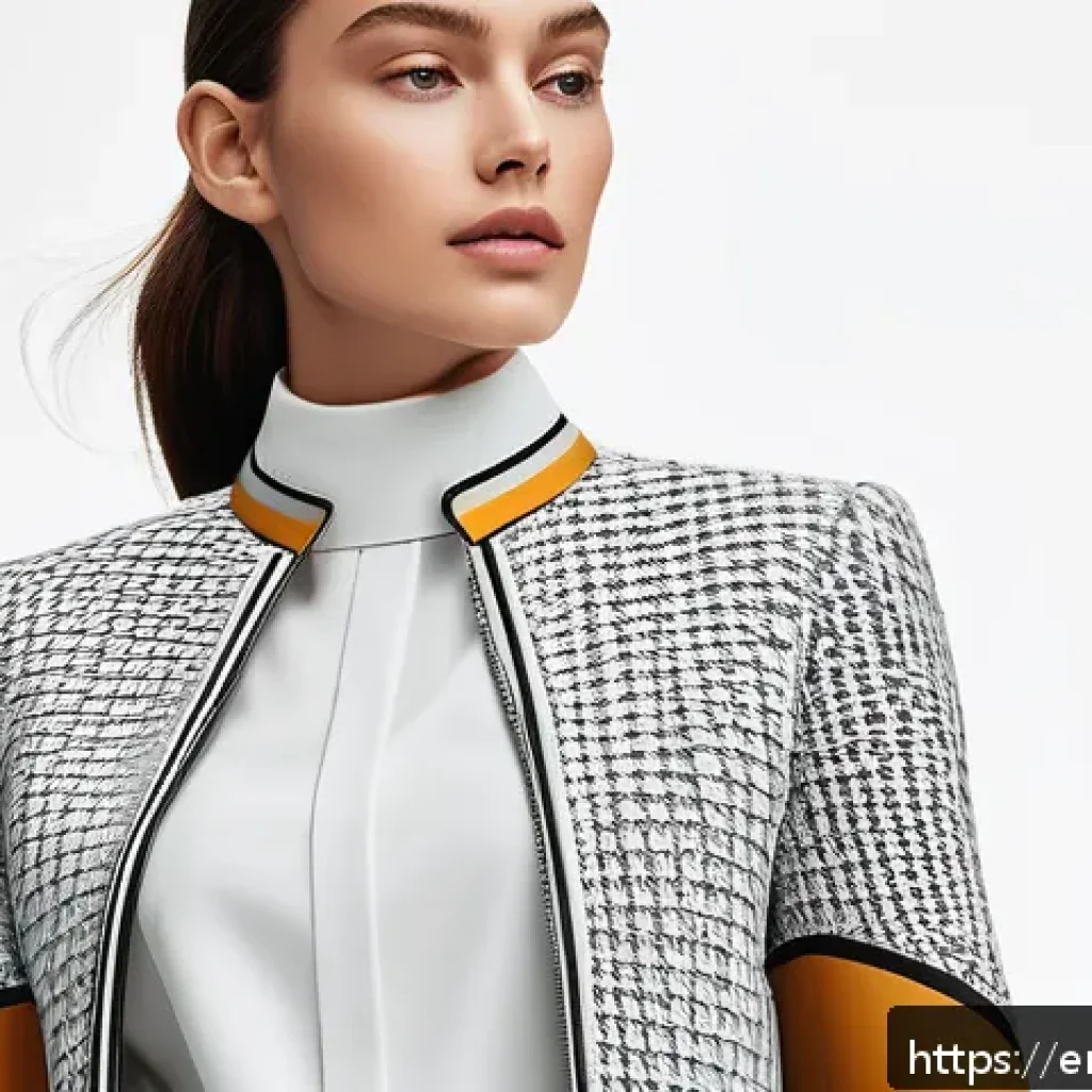 디지털아트 패션 일러스트 제작 - A digital fashion illustration of a modern female model wearing a sleek, structured outfit with clea...