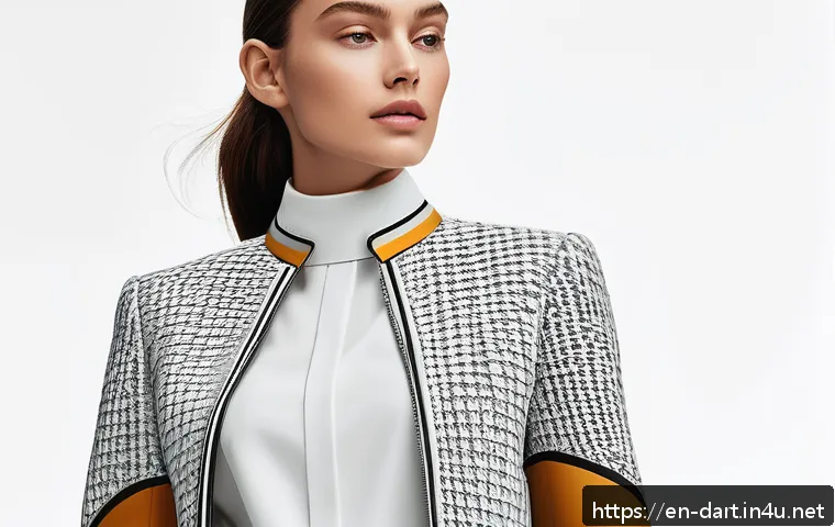 디지털아트 패션 일러스트 제작 - A digital fashion illustration of a modern female model wearing a sleek, structured outfit with clea...