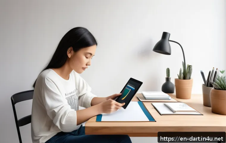 디지털아트 프린트 온 디맨드 활용 - A cozy, modern workspace featuring a digital artist using a tablet with Procreate software visible o...