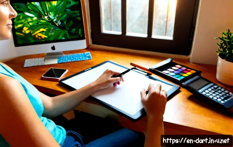 디지털아트 블로그 운영 팁 - Photorealistic home studio scene of a digital artist planning a successful art blog, mature creator ...