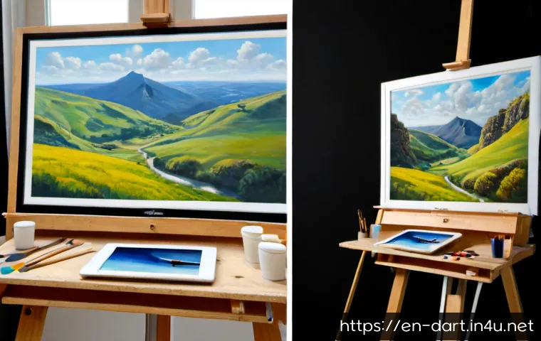 디지털아트와 전통 회화 기법 비교 - Photorealistic side-by-side artist workspace comparison, left side a traditional oil painter using a...