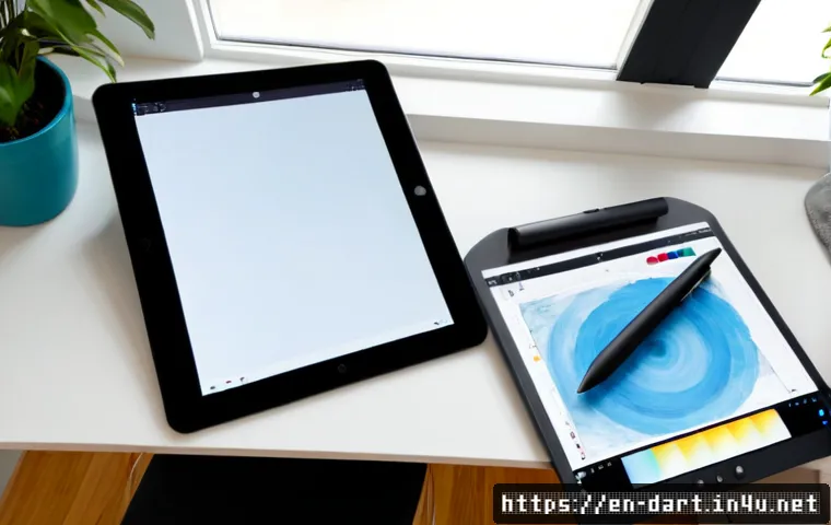 디지털아트 작업 효율을 높이는 팁 - Photorealistic overhead view of a focused digital artist’s streamlined home studio, large pen-displa...
